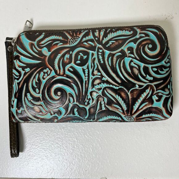 Patricia Nash Valerie Cassini Wristlet in Tooled Turquoise Leather Bohemian Chic - Picture 8 of 12